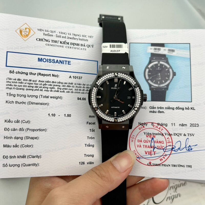 HUBLOT CLASSIC FUSION BLACK CERAMIC BLACK DIAL MOISSANITE BEZEL 42MM