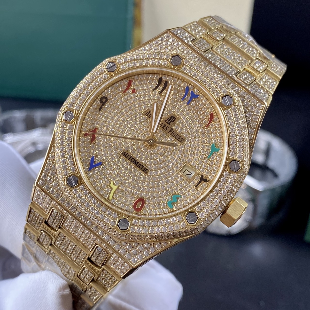 Đồng hồ Audemars Piguet Royal Oak Replica cao cấp ĐỒNG HỒ AUDEMARS PIGUET NAM ĐÍNH FULL ĐÁ MẠ VÀNG REPLICA 11 41MM