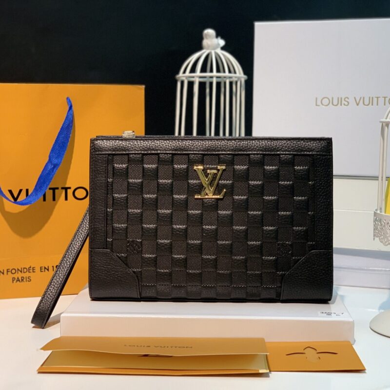 VÍ NAM CẦM TAY CLUTCH LV CARO ĐEN HÀNG HIỆU SIÊU CẤP DA XỊN THỜI TRANG