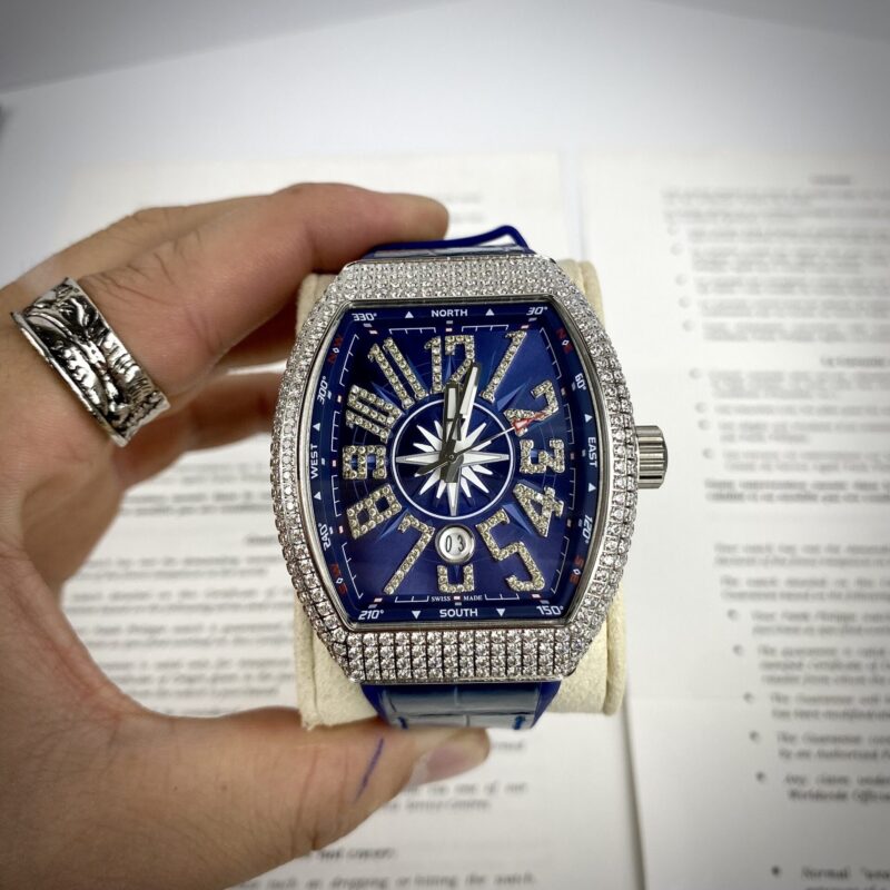 ĐỒNG HỒ FRANCK MULLER V45 NAM ĐÍNH ĐÁ MÀU XANH DƯƠNG FAKE NHẬT 44MM