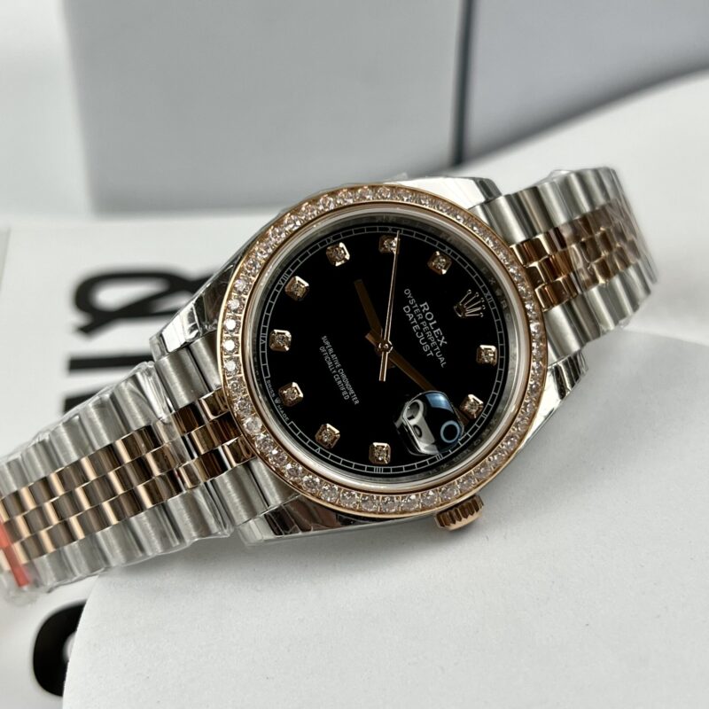 ĐỒNG HỒ ROLEX DATEJUST REP 1:1 MẶT SỐ ĐEN NIỀNG ĐÁ EW FACTORY