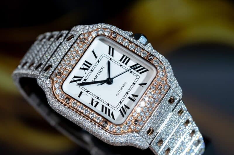 ĐỒNG HỒ CARTIER SANTOS ĐỘ FULL KIM CƯƠNG MOISSANITE SUPER FAKE