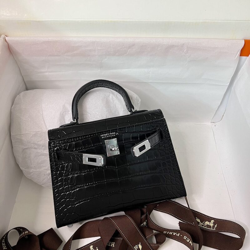 TÚI NỮ SIÊU CẤP HM HERMES KELLY MINI K20 DA RẮN MÀU ĐEN BÓNG TỰ NHIÊN