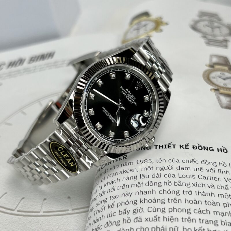 ĐỒNG HỒ ROLEX DATEJUST MẶT SỐ ĐEN CỌC SỐ ĐÍNH ĐÁ REP 1:1 CLEAN FACTORY
