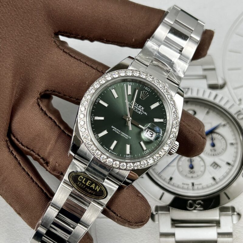 ĐỒNG HỒ ROLEX DATEJUST MẶT XANH NIỀNG KIM CƯƠNG MOISSANITE REP 1:1