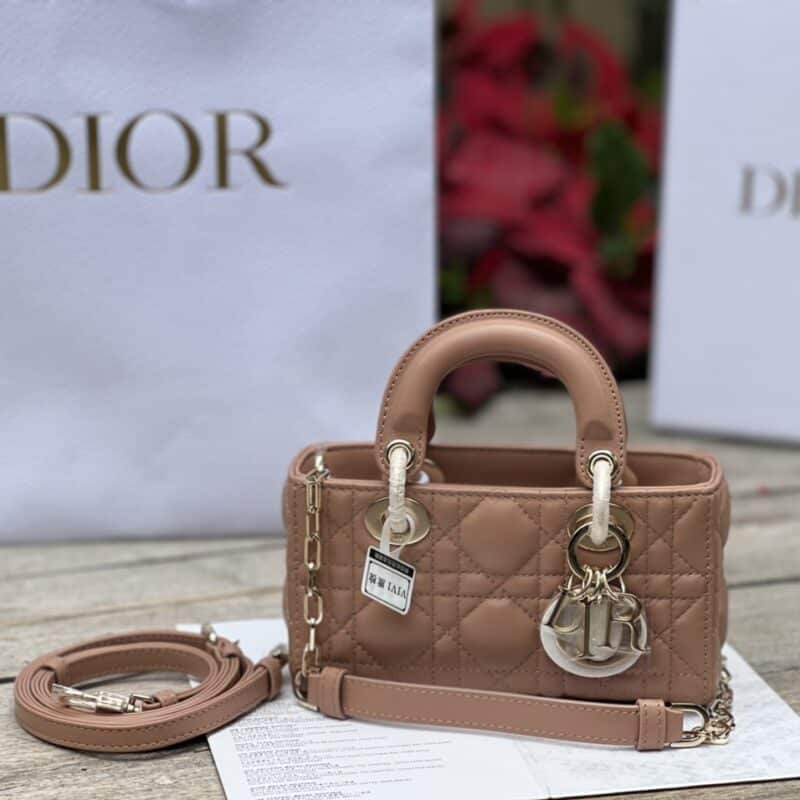 TÚI XÁCH DIOR LADY D-JOY MINI BAG CALFSKIN LIKE AUTH TAG VÀNG MÀU HỒNG