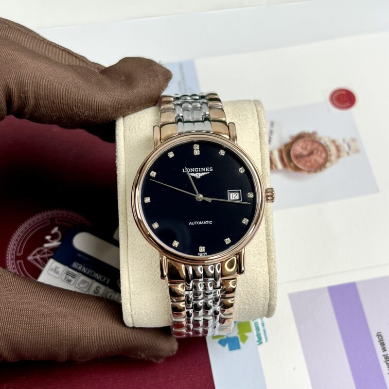 ĐỒNG HỒ LONGINES ELEGANT L4.810.5.57.7 MẶT SỐ ĐEN VỎ DEMI VÀNG HỒNG REP 1:1 37MM