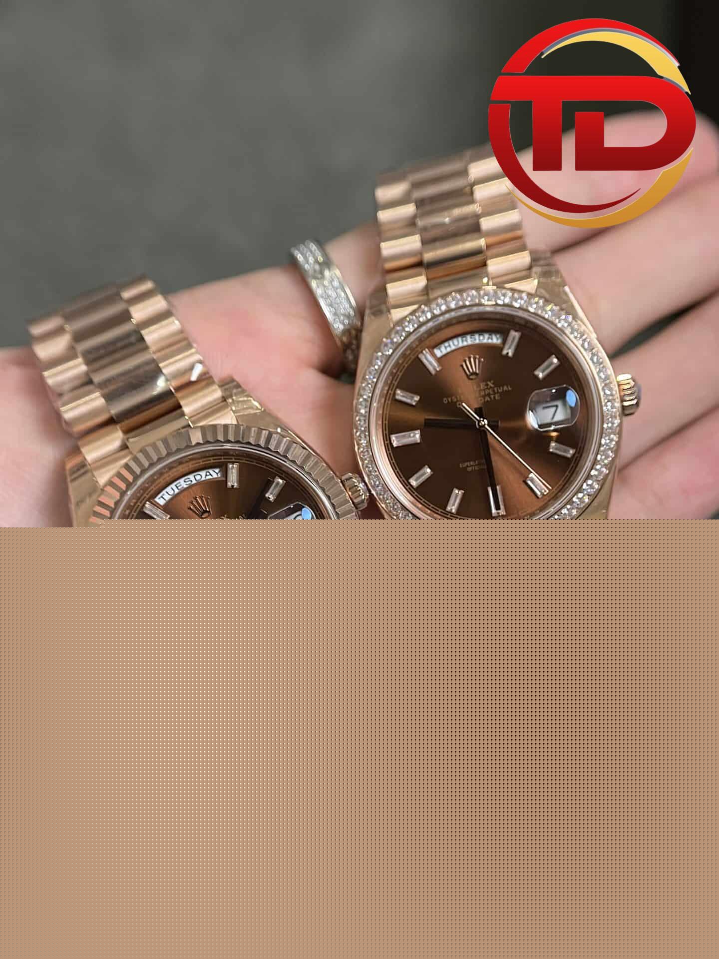 rolex day-date cọc số đá mặt chocolate ROLEX DAY-DATE MẶT SỐ CHOCOLATE CỌC SỐ ĐÁ BAGUETTE FAKE CAO CẤP