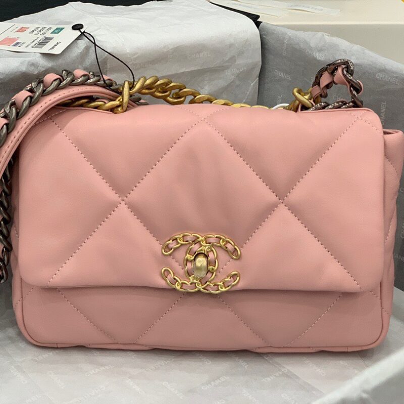 TÚI CHANEL 19 FLAP BAG DOUBLE C LOGO LAMBSKIN KHÓA VÀNG SIÊU CẤP MÀU HỒNG