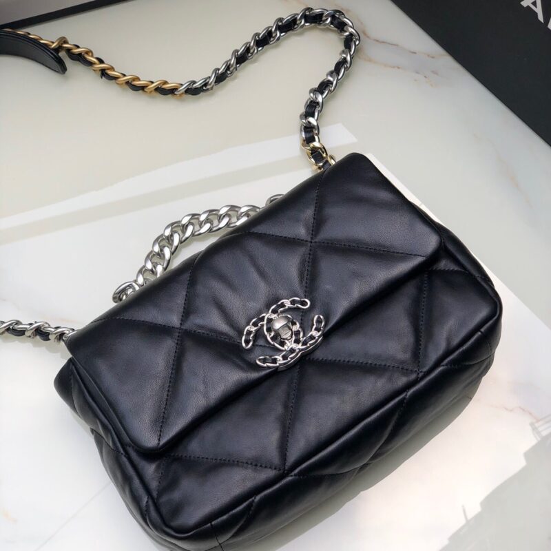 TÚI CHANEL 19 FLAP BAG DOUBLE C LOGO LAMBSKIN KHÓA BẠC SIÊU CẤP MÀU ĐEN