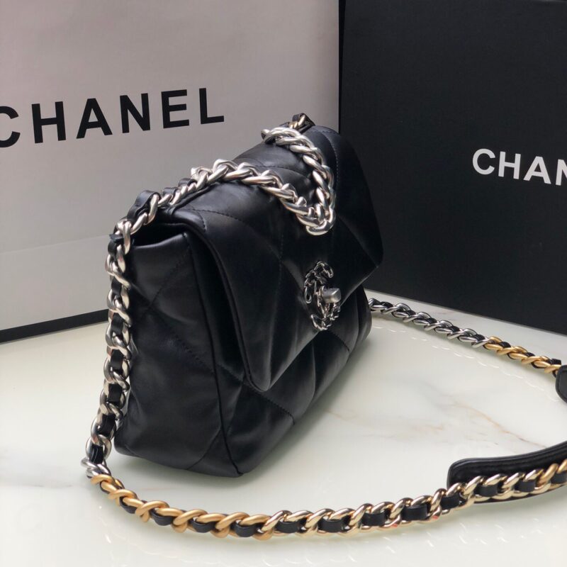 TÚI CHANEL 19 FLAP BAG DOUBLE C LOGO LAMBSKIN KHÓA BẠC SIÊU CẤP MÀU ĐEN
