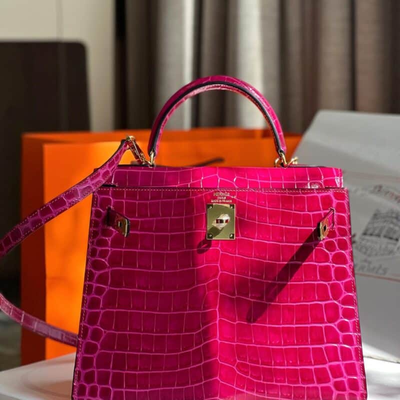 TÚI XÁCH HM HERMES KELLY 28 CROCODILE SIÊU CẤP KHÂU TAY 100% MÀU HỒNG TÍM