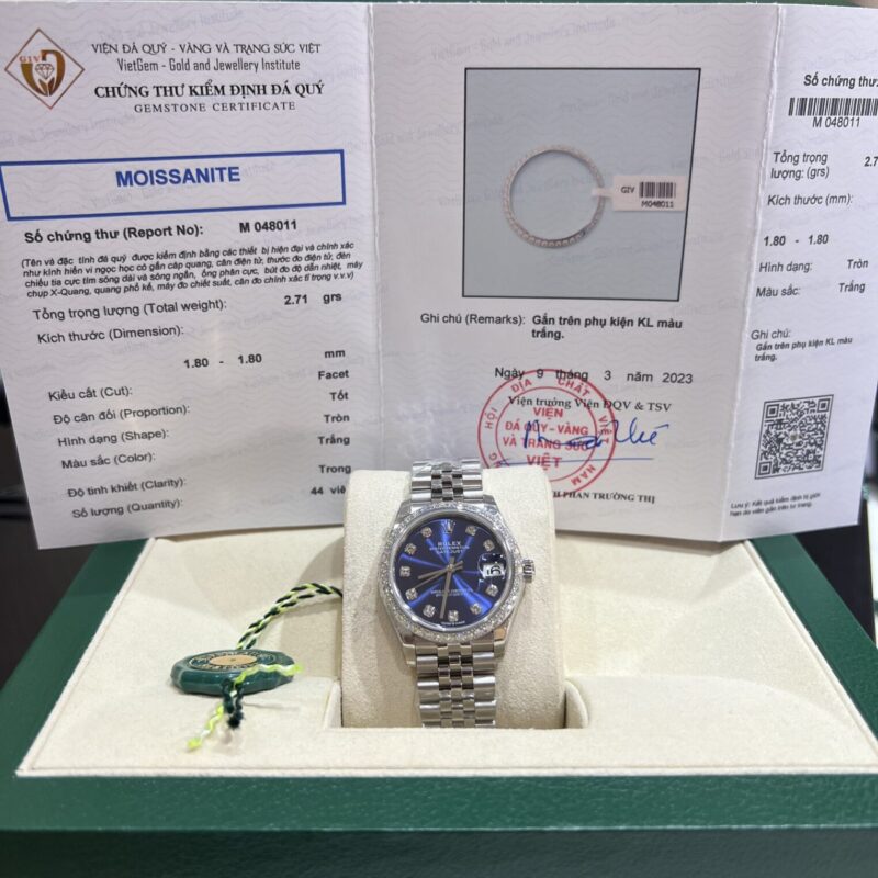 ROLEX DATEJUST LADY BLUE DIAL CUSTOM MOISSANITE BEZEL REPLICA 31MM