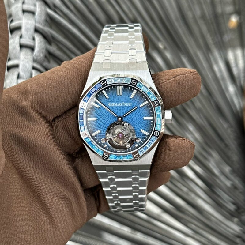 AUDEMARS PIGUET ROYAL OAK TOURBILLON BLUE DIAL STONE SET BEZEL REPLICA 41MM