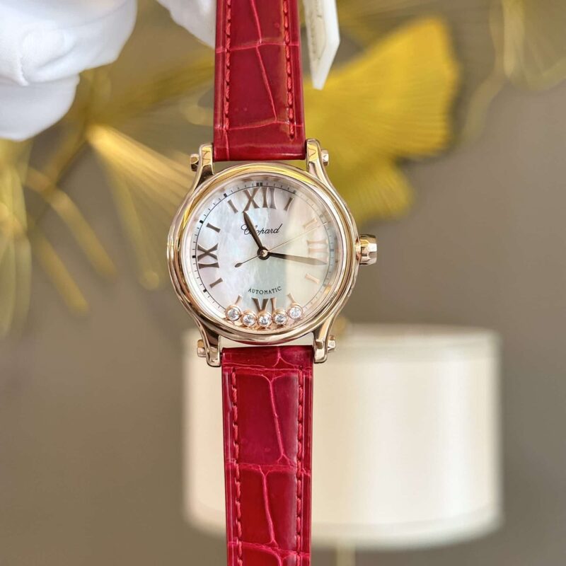 ĐỒNG HỒ CHOPARD HAPPY SPORT VÀNG HỒNG DÂY DA ĐỎ REPLICA 33MM
