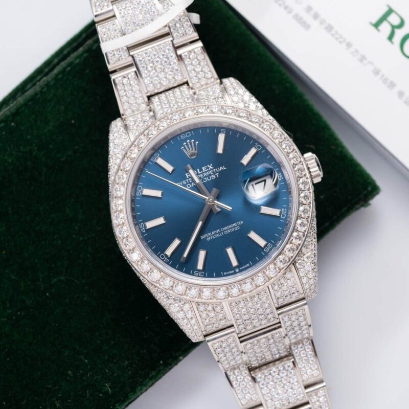 ROLEX DATEJUST 41 BLUE DIAL CUSTOM FULL MOISSANITE DIAMOND BEST REPLICA 41MM
