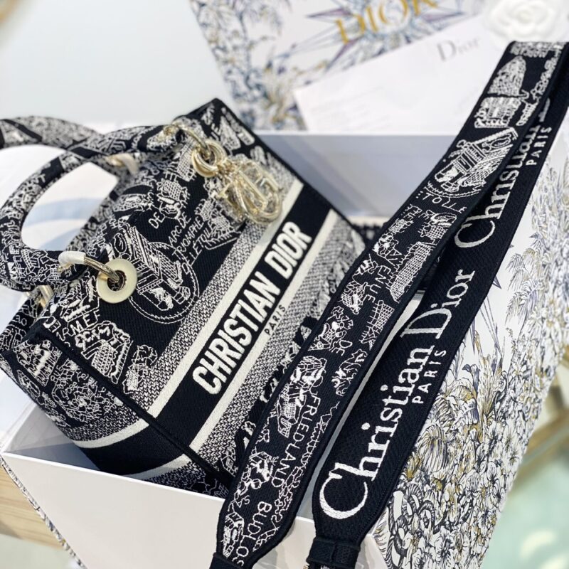 TÚI LADY DIOR MEDIUM SIZE D-LITE BAG WHITE AND BLACK PLAN DE PARIS EMBROIDERY