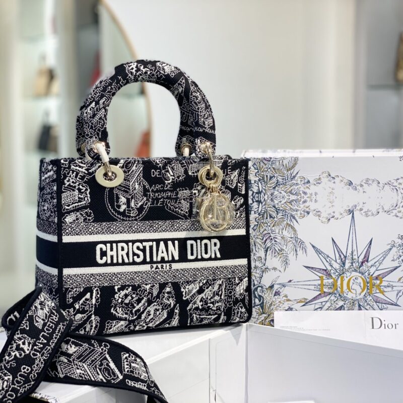 TÚI LADY DIOR MEDIUM SIZE D-LITE BAG WHITE AND BLACK PLAN DE PARIS EMBROIDERY