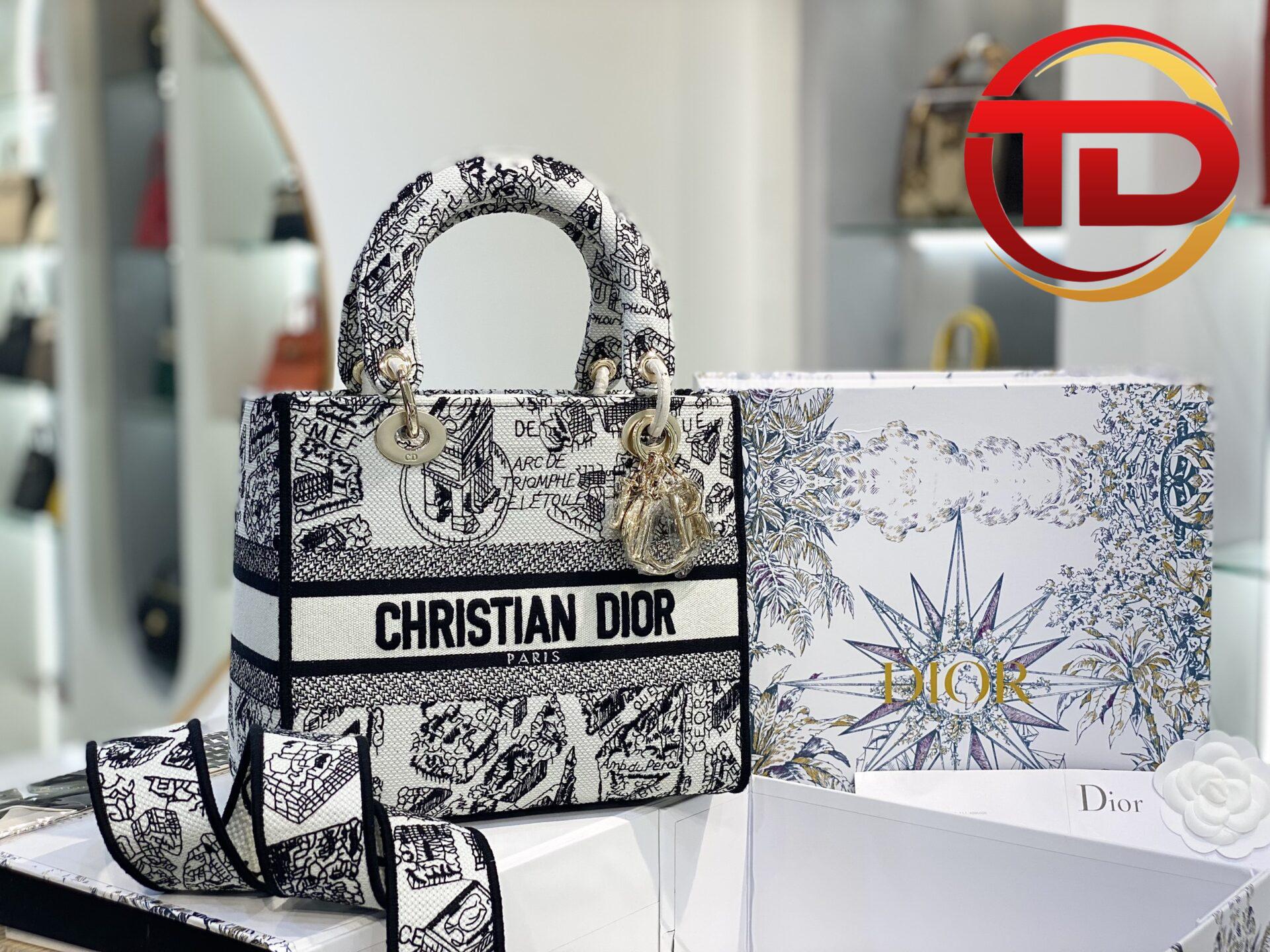 z4395090805496_84bd8c27562bdea2d05942fbb645c71f TÚI LADY DIOR MEDIUM SIZE D-LITE BAG WHITE AND BLACK PLAN DE PARIS EMBROIDERY
