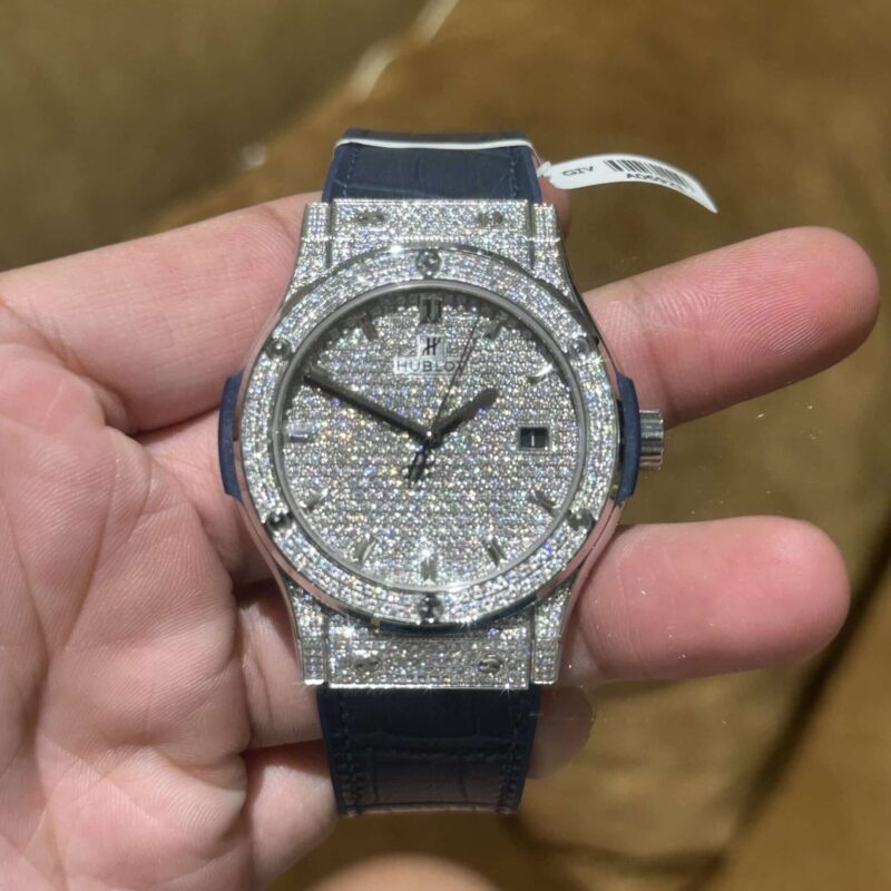HUBLOT CLASSIC FUSION CUSTOM FULL MOISSANITE BLUE LEATHER BEST REPLICA 42MM