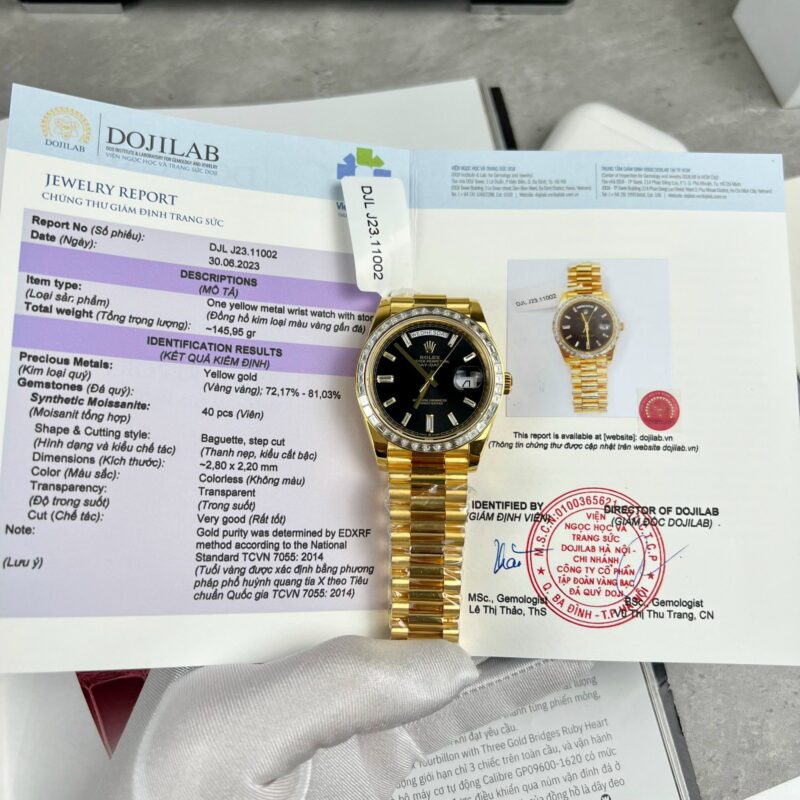 ROLEX DAY-DATE BLACK DIAL REAL GOLD WRAPPED CUSTOM MOISSANITE BAGUETTE BEZEL 40MM