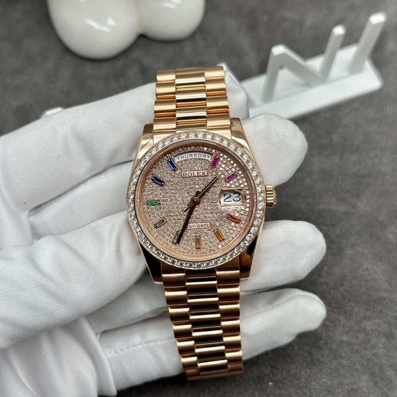 ROLEX DAY-DATE 128235RBR ROSE GOLD WRAPPED CUSTOM MOISSANITE 40MM
