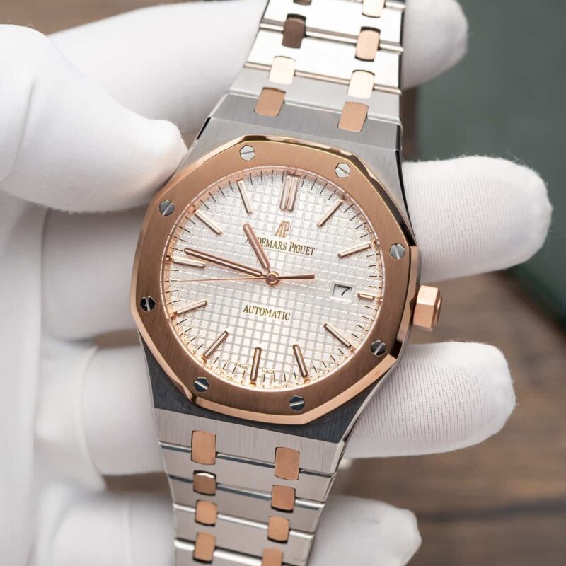 AUDEMARS PIGUET ROYAL OAK 77350SR SILVER DIAL TWO TONE ROSE GOLD REPLICA 34MM