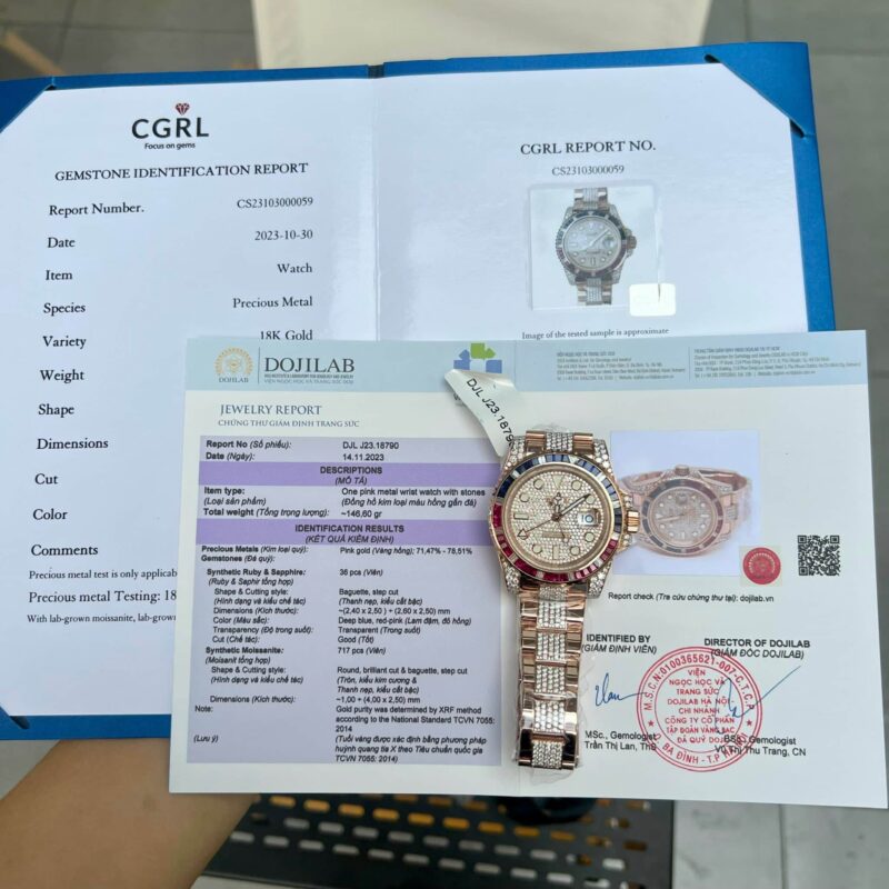 ROLEX GMT-MASTER II 18K GOLD WRAPPED CUSTOM MOISSANITE SAPPHIRE & RUBY BEZEL 40MM