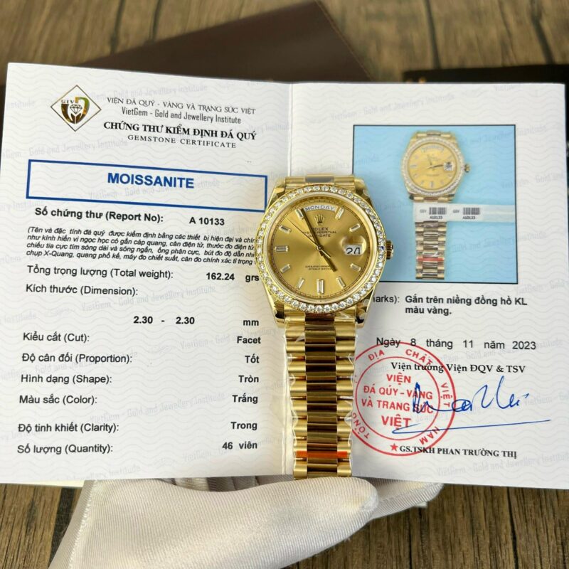 ROLEX DAY-DATE CHAMPAGNE DIAL YELLOW GOLD MOISSANITE BEZEL 166 GRAMS BEST REPLICA 40MM