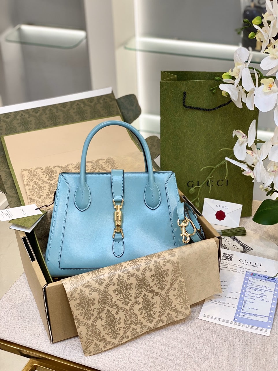 z4974083101194_c12c40e3b124faabf4bb51921b13a94b TÚI XÁCH GUCCI JACKIE 1961 MEDIUM TOTE BAG VIP PHÁP MÀU XANH