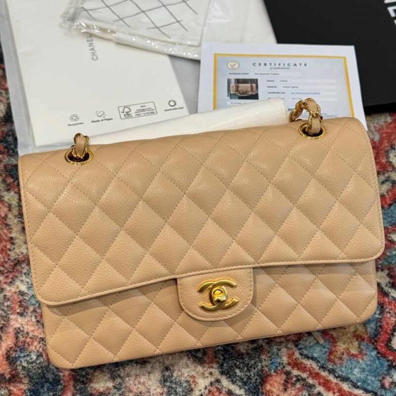 TÚI XÁCH CHANEL CLASSIC DOUBLE FLAP DA CAVIAR MÀU BE LIKE AUTH VVIP SIZE 25