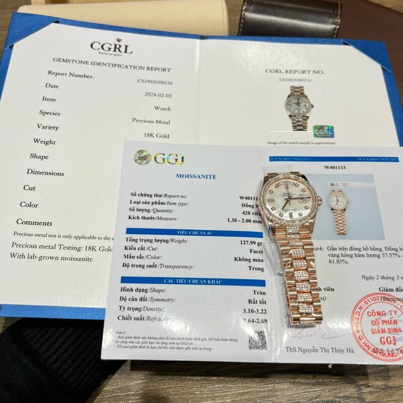 ROLEX DAY-DATE 128345RBR MOP DIAL 18K GOLD WRAPPED CUSTOM MOISSANITE 36MM