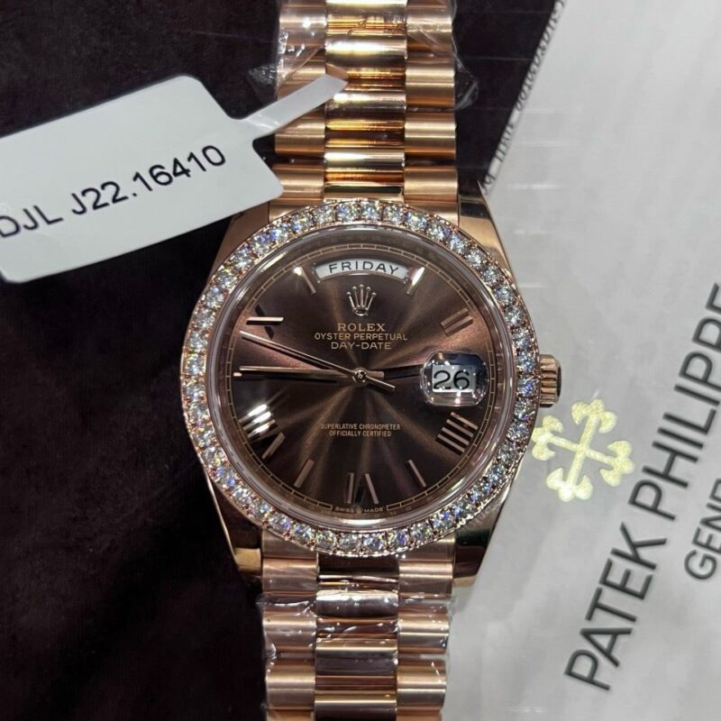 ROLEX DAY-DATE CHOCOLATE DIAL ROMAN NUMERALS 18K GOLD WRAPPED CUSTOM MOISSANITE BEZEL 40MM
