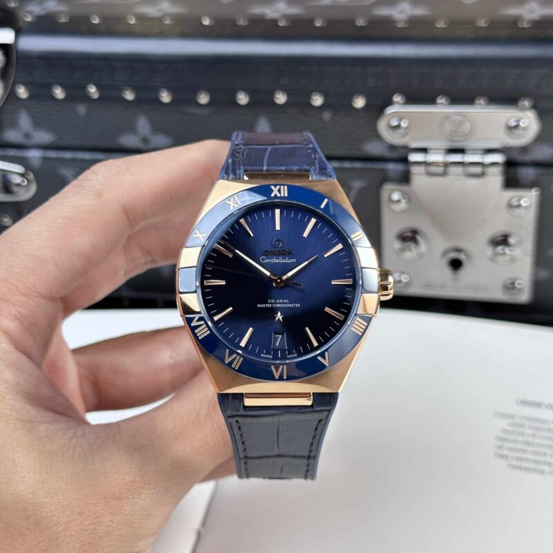 OMEGA CONSTELLATION ROSE GOLD BLUE DIAL RUBBER STRAP SUPER CLONE 41MM
