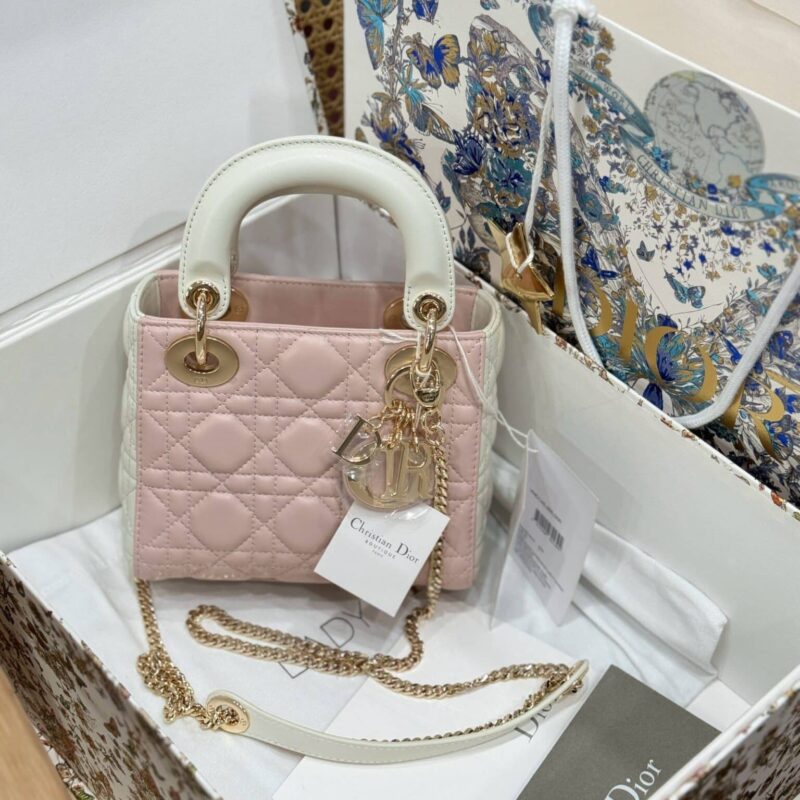 TÚI XÁCH MINI LADY DIOR DA CỪU PHỐI MÀU LATTE VÀ HỒNG PHẤN VVIP LIKE AUTH SIZE 17CM