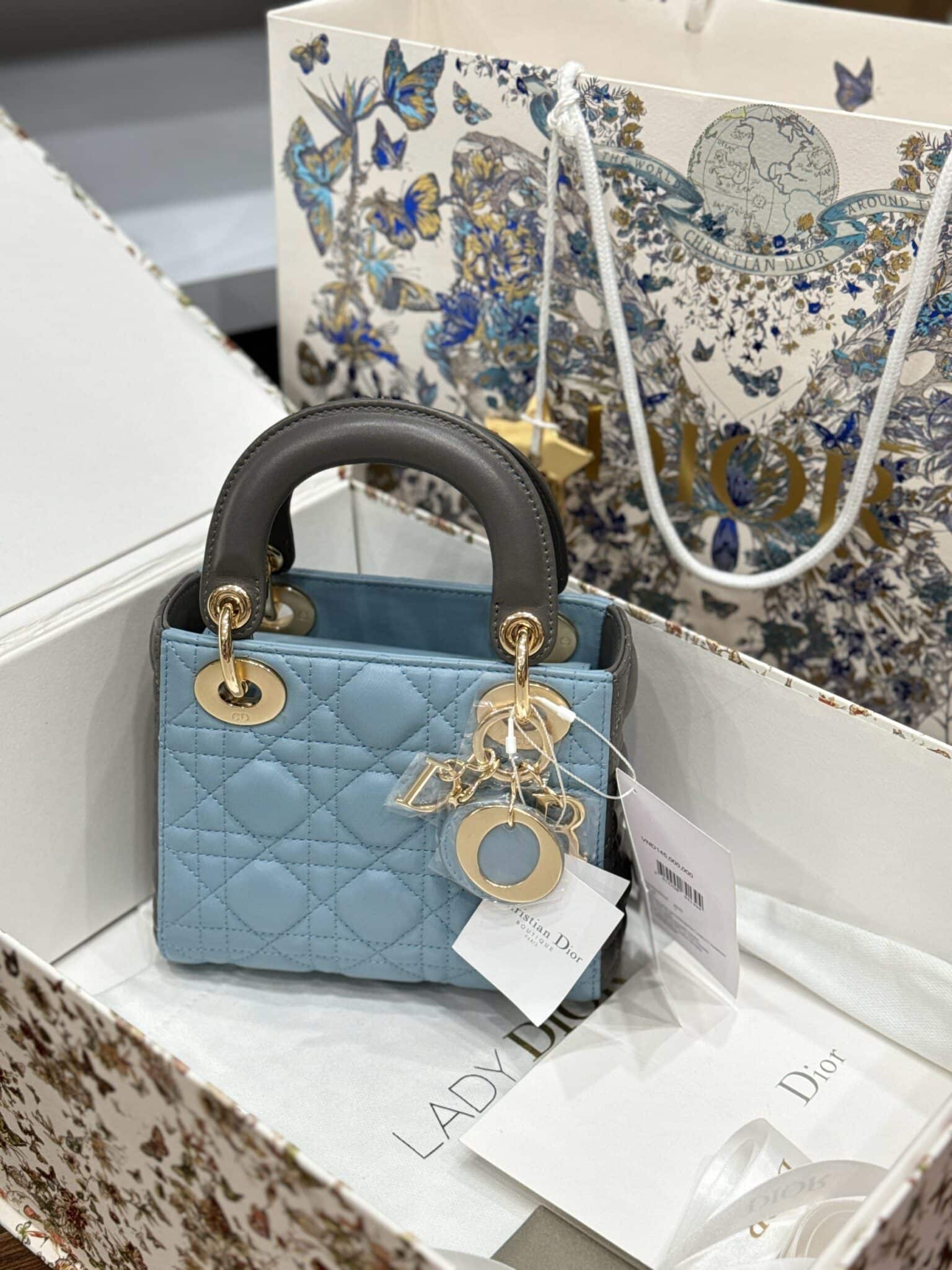 Túi Lady Dior mini 2 màu xanh xám Like Auth TÚI LADY DIOR MINI HAI MÀU XANH XÁM DA CỪU VIP LIKE AUTH SIZE 17CM