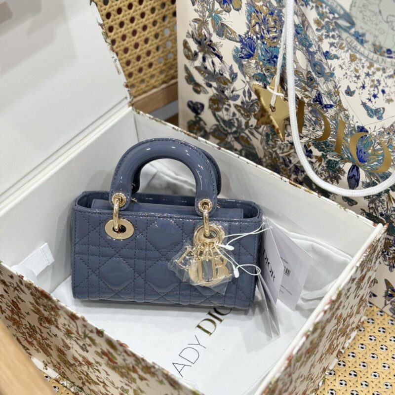 TÚI DIOR LADY D-JOY MICRO MÀU XANH BLUE DA BÓNG PHẦN CỨNG MẠ VÀNG LIKE AUTH SIZE 16CM