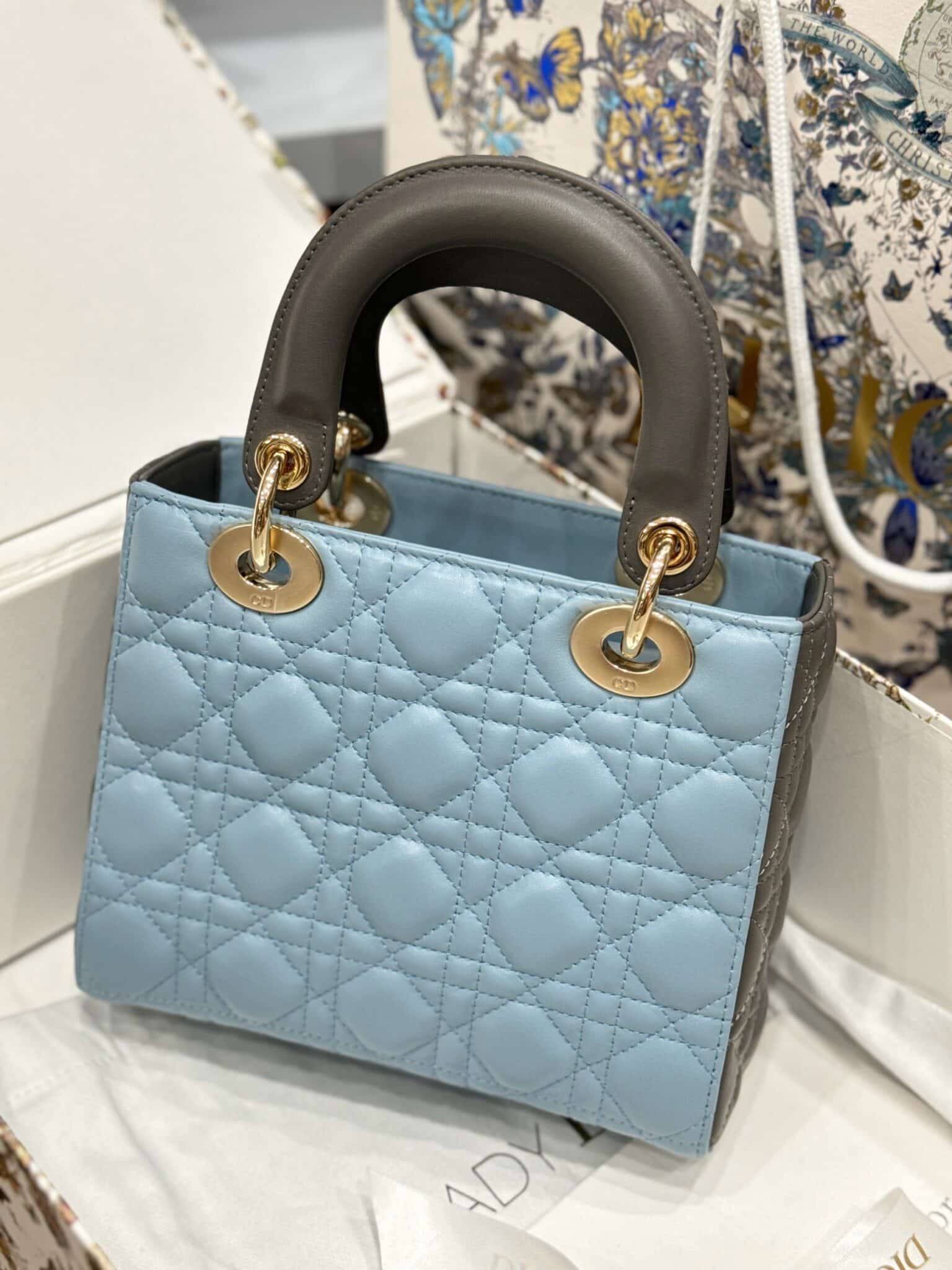 Túi Xách Lady Dior Small Phối 2 Màu Xanh Xám Like Auth - 3