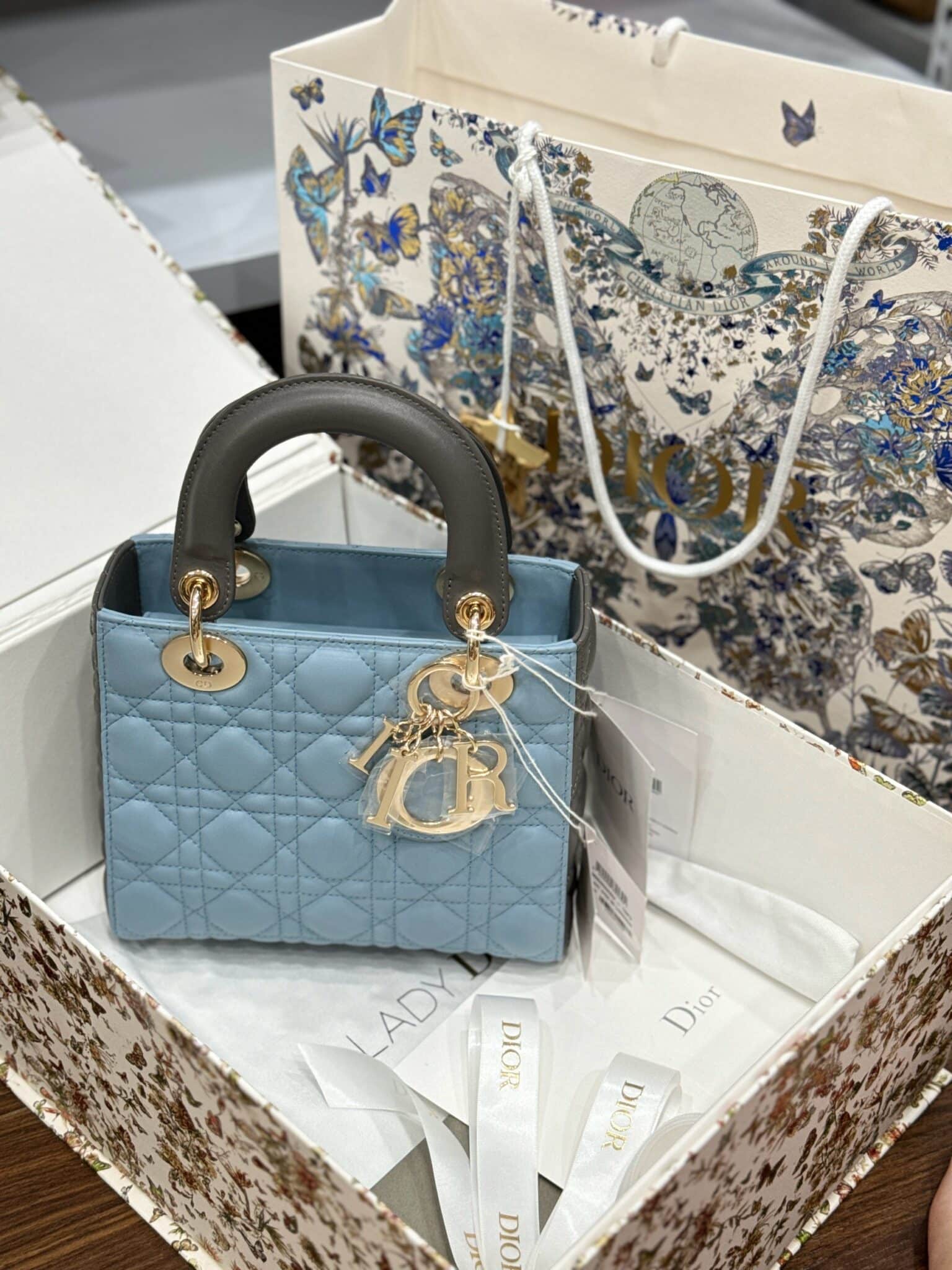 Túi Xách Lady Dior Small Phối 2 Màu Xanh Xám Like Auth