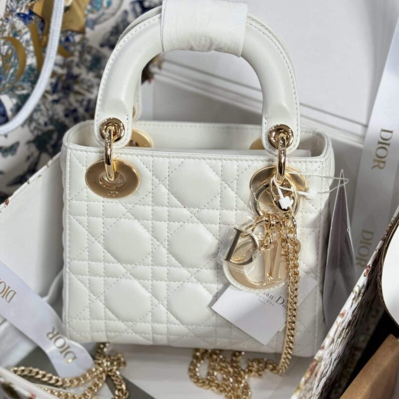 TÚI XÁCH DIOR LADY DA CỪU MÀU TRẮNG TAG VÀNG VIP LIKE AUTH SIZE 17CM