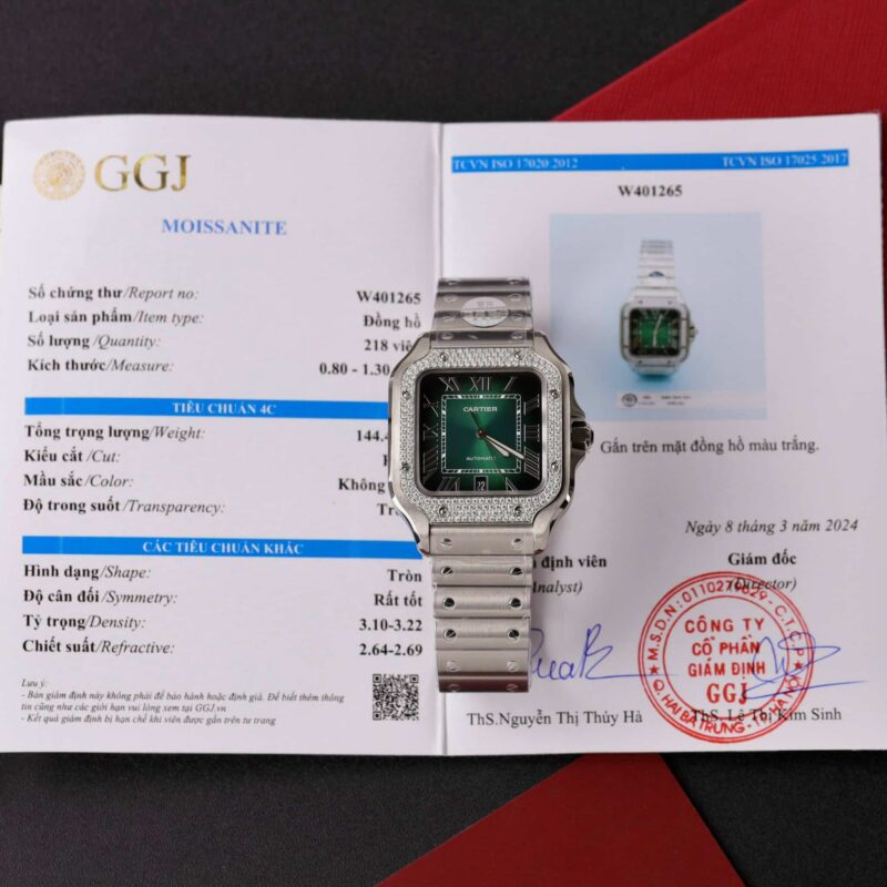 CARTIER SANTOS LARGE MODEL GREEN DIAL CUSTOM MOISSANITE BEZEL BEST REPLICA 39.8MM