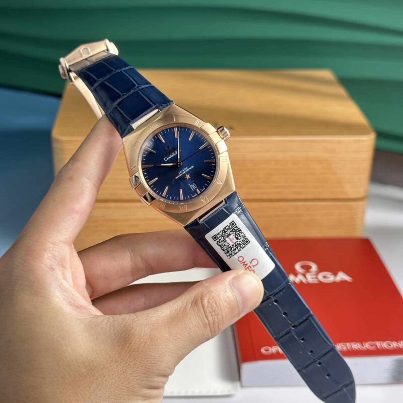 OMEGA CONSTELLATION CO-AXIAL MASTER CHRONOMETER ROSE GOLD BLUE DIAL LEATHER REPLICA 39MM