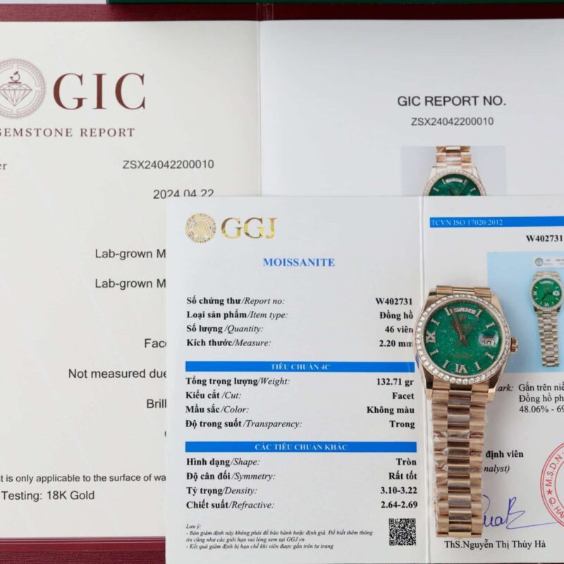 ROLEX DAY-DATE 128345RBR-0068 GREEN AVENTURINE DIAL 18K GOLD WRAPPED MOISSANITE BEZEL 36MM